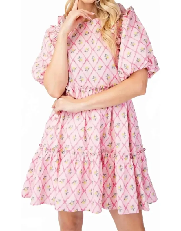 Printed Puff Sleeve Mini Ruffle Dress