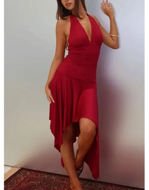 Emara Halter Asymmetrical Midi Dress