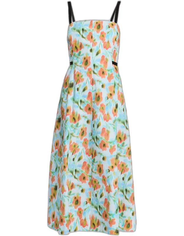 Contrast-strap Floral Cotton Midi Dress