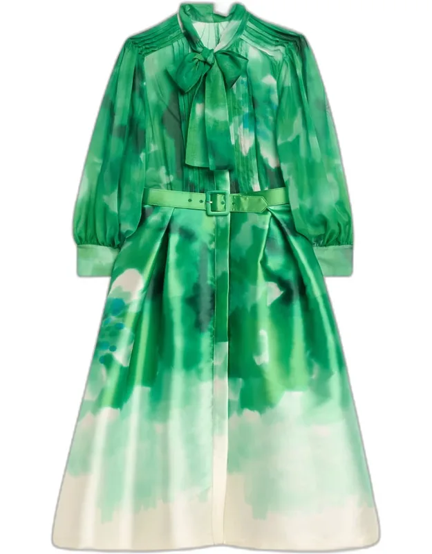 Pleated Tie-neck Mixed Media Midi Shirtdress