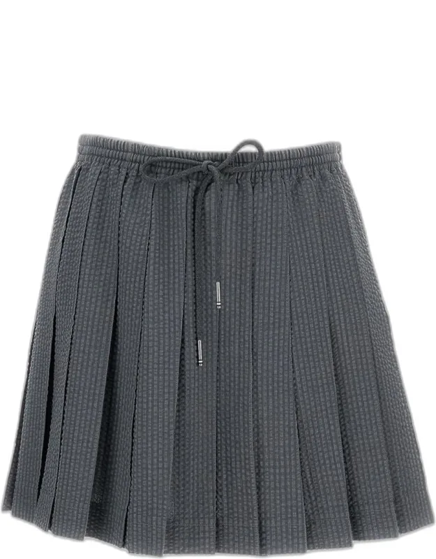 Pleated Skirt, Seersucker-effect Wool, Elastic Waistband With Drawstring, Mini Fit, Above-the-knee Length, Made In Italy