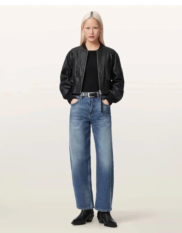 Cropped Leather Bomber Jacket
