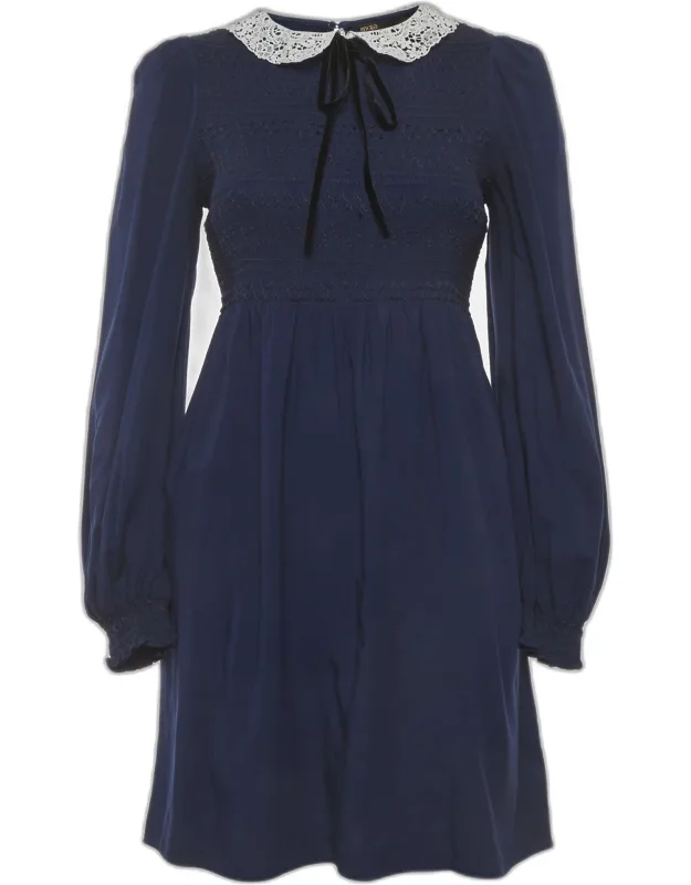 Synthetic Smocked Guipure Collar Mini Dress