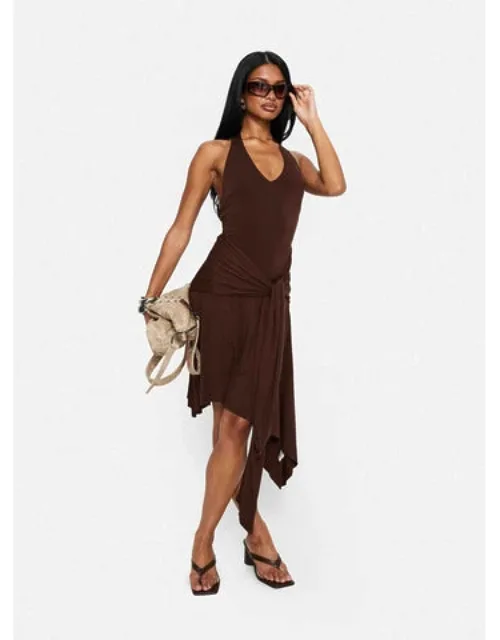 Moonlit Honey Asymmetrical Halter Jersey Midi Dress