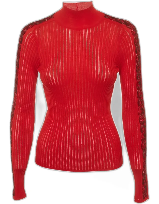 Rib Knit Embellished Turtleneck Top