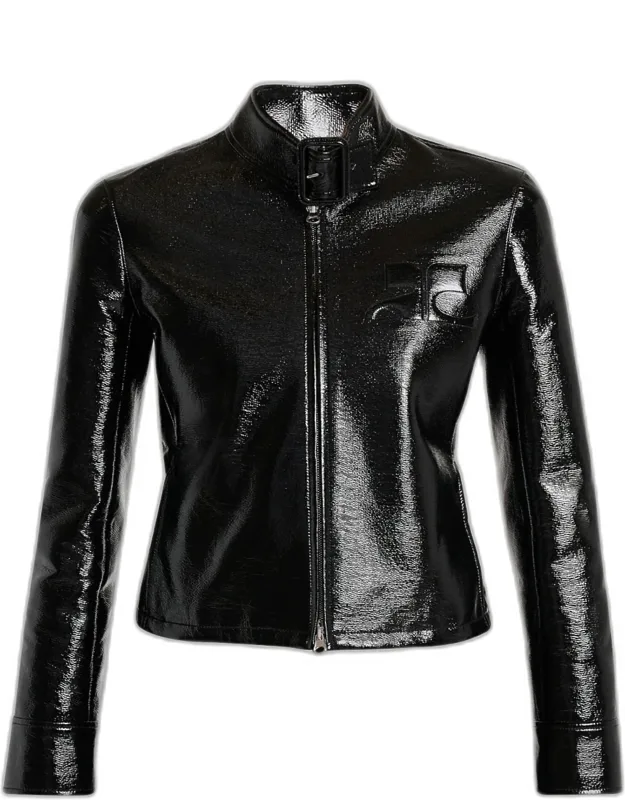 Buckle-collar Shiny Vinyl Zipped Jacket