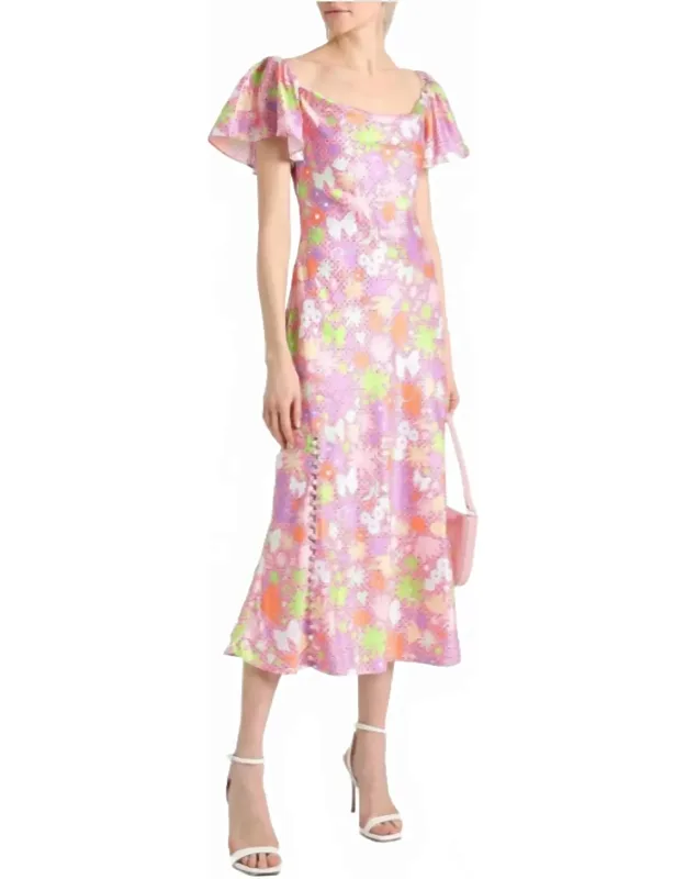 Button-embellished Printed Satin Midi Dress
