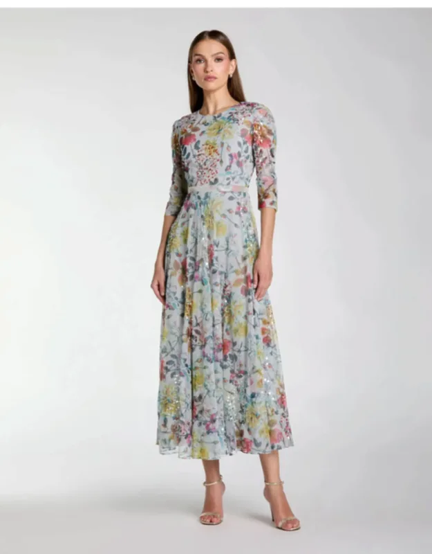 Floral Midi Dress With 3/4 Sleeves