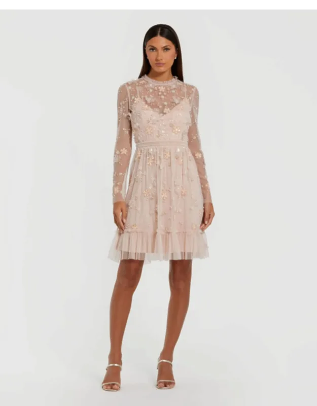 Sheer Long Sleeve Embellished Mini Dress