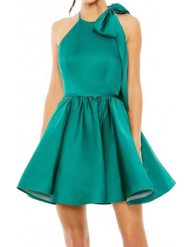 Brocade Halter Bow Neck Sleeveless Full Skirt Mini Dress