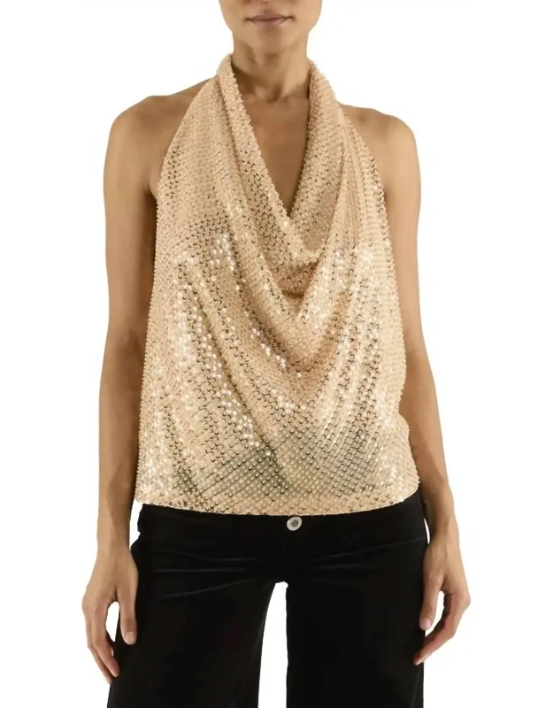 Beaded Sequin Cowl Neck Halter Top