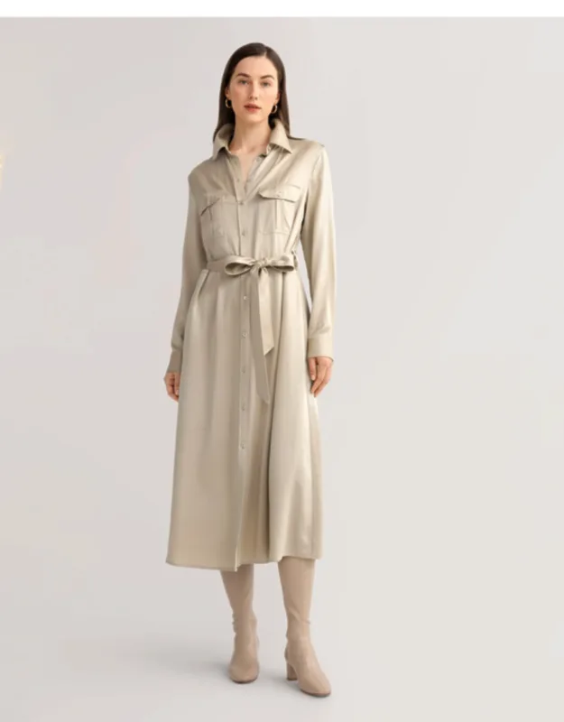 Sand-washed Pocket Trench Dress With Matte Finish And Beautiful Draping