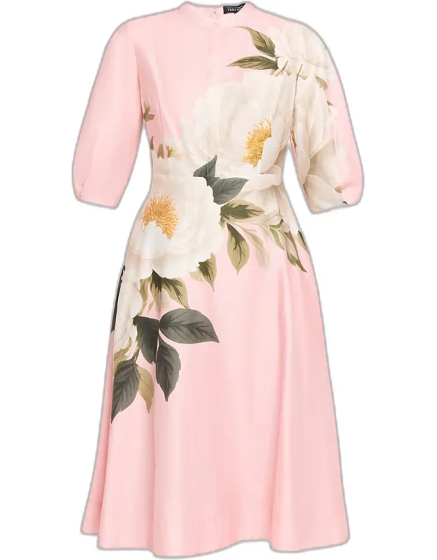 _flower-print Cotton Midi Shirtdress With Pleated Puff Sleeves And On-seam Pockets_