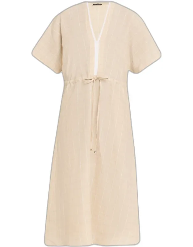 Drawstring Metallic Check Linen Midi Dress