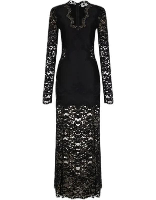 Long-sleeve Stretch Lace Jersey Maxi Dress