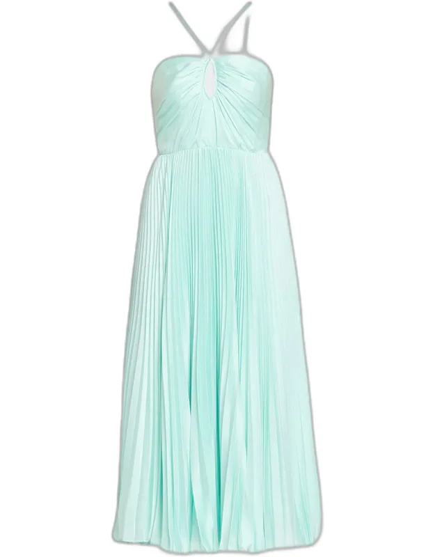 Pleated Satin Halter Midi Dress