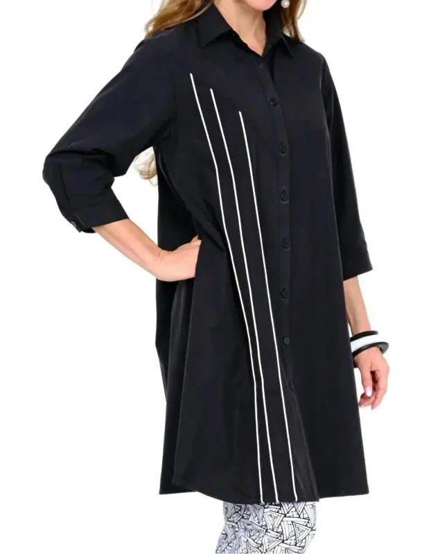 Solid Button Front Mini Tunic Dress With Piping
