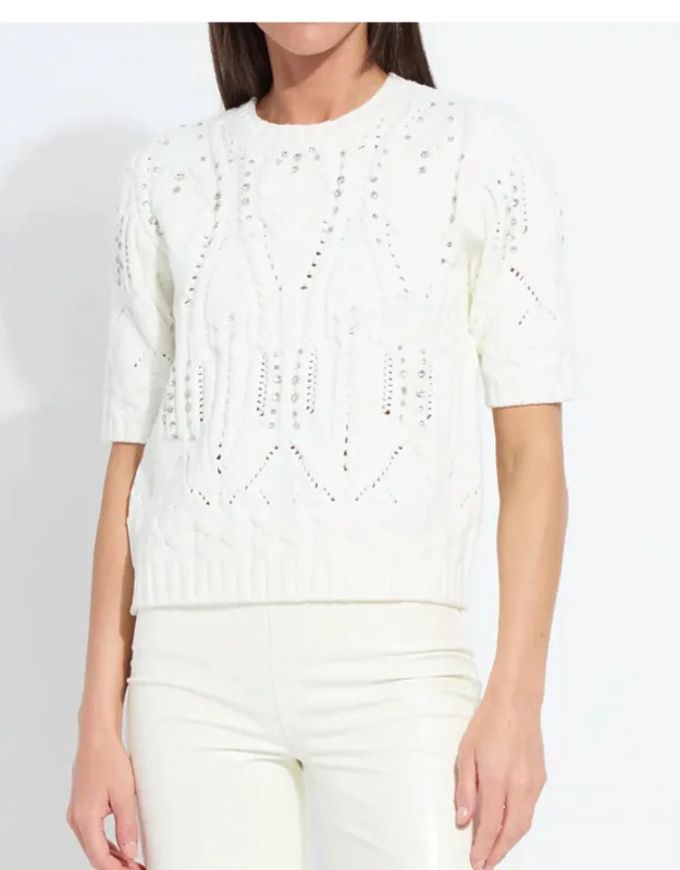 Cozy Short Sleeve Embellished Cable Sweater