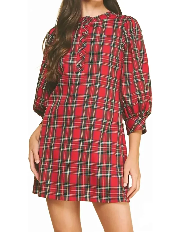 Holiday Buttoned Puff Sleeve Mini Dress