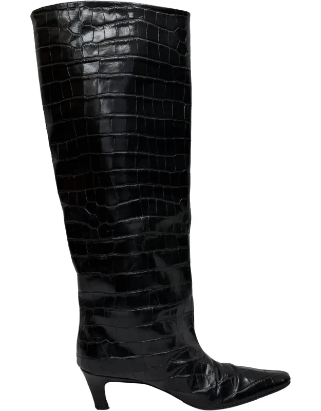 Croc-embossed Knee-high Boots