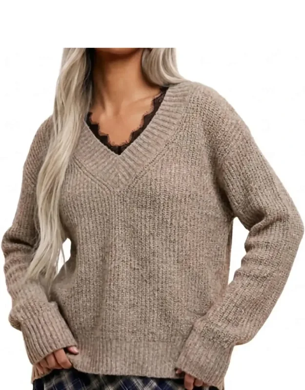 Boho Lace Trim V-neck Ribbed Knit Sweater