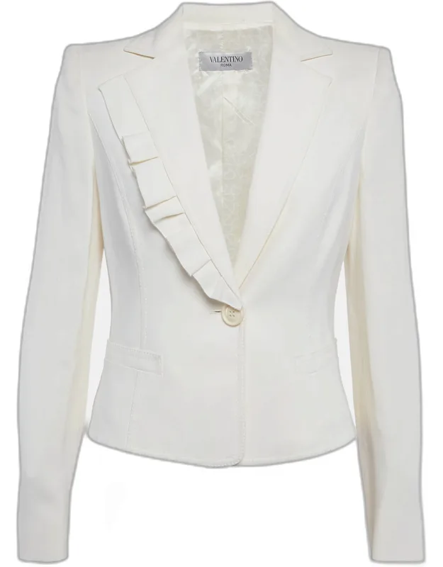 Off White Stretch Crepe Ruffle Cropped Blazer