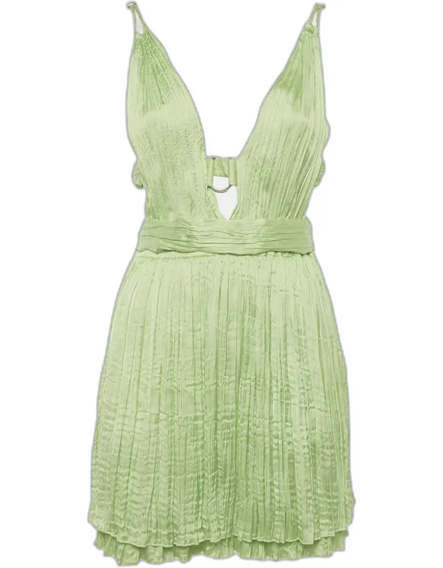 Lime Green Satin Plissé Plunge Neck Mini Dress