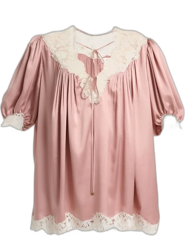 Lace-trim Short-sleeve Satin Mini Dress