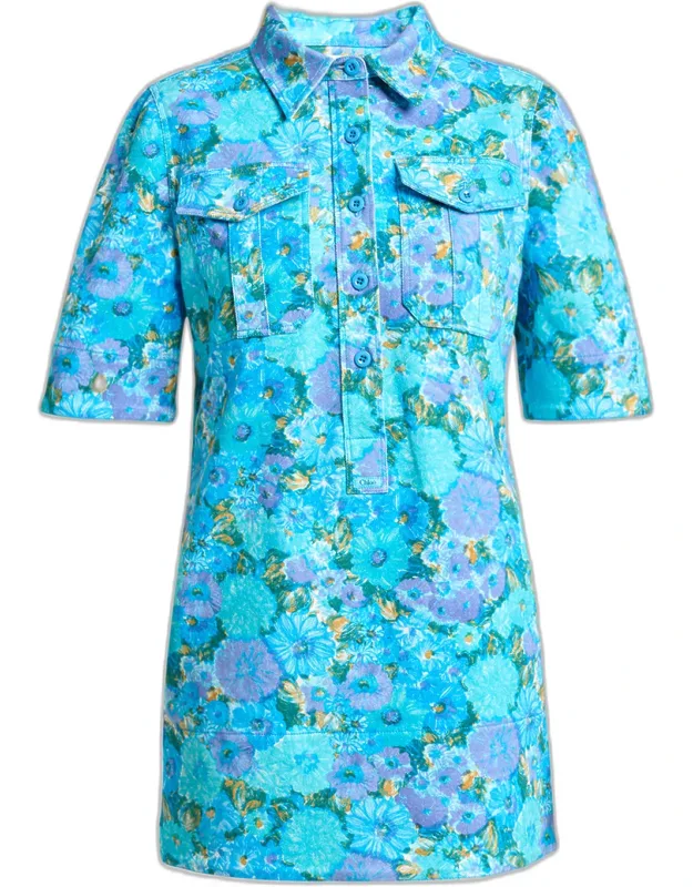 Floral Cotton Twill Mini Shirtdress