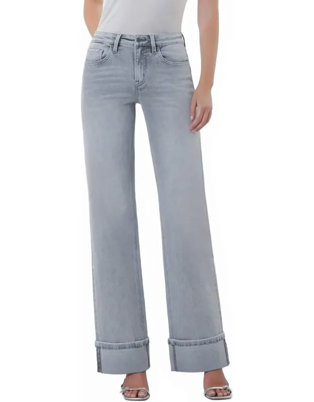 Mid Rise Full Length Cuffed Wide Leg Jeans