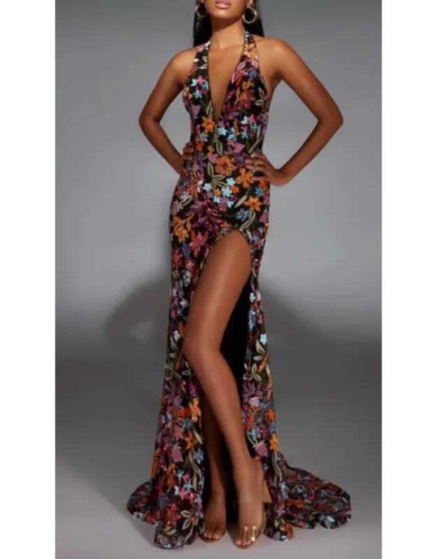 Floral Sequin Halter Neck Dress