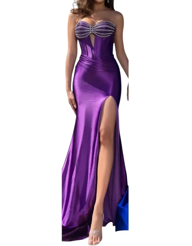 Embellished Strapless Corset High Slit Dress