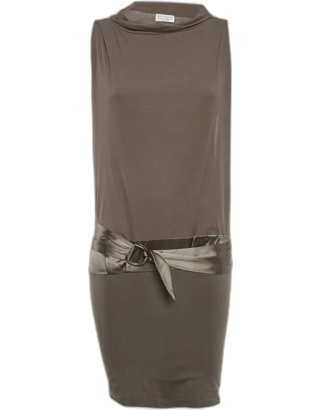 Light Brown Satin And Jersey Belt Detail Midi Dress