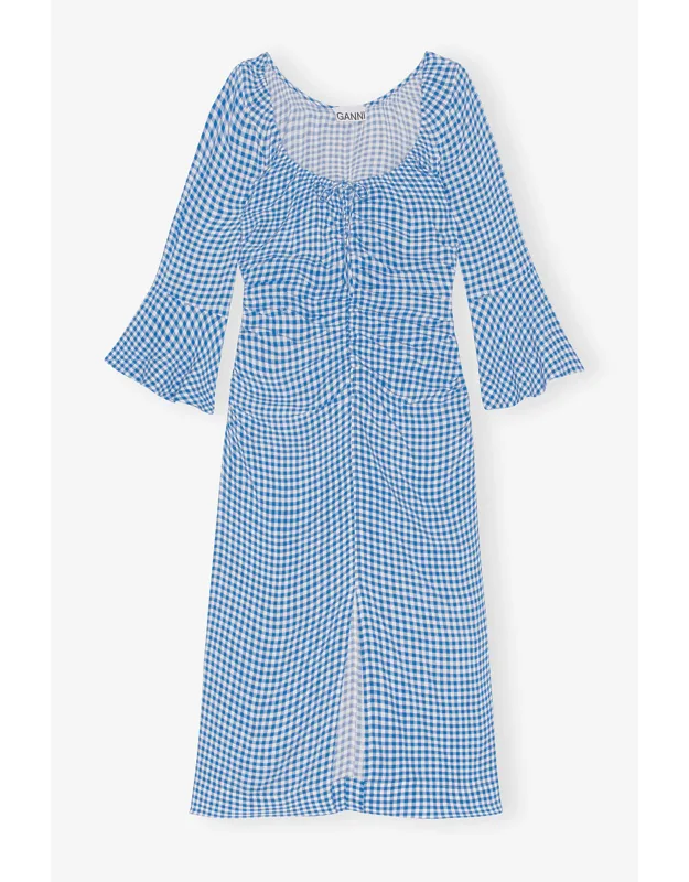 Printed Crepe Gathered U-neck Midi Dress