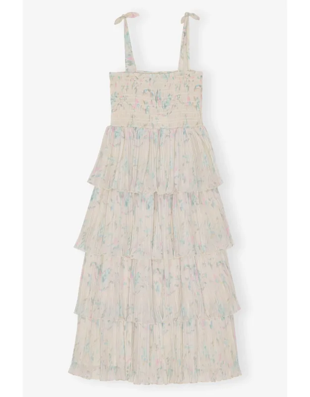 Floral Printed Pleated Georgette Strap Smock Midi Dress