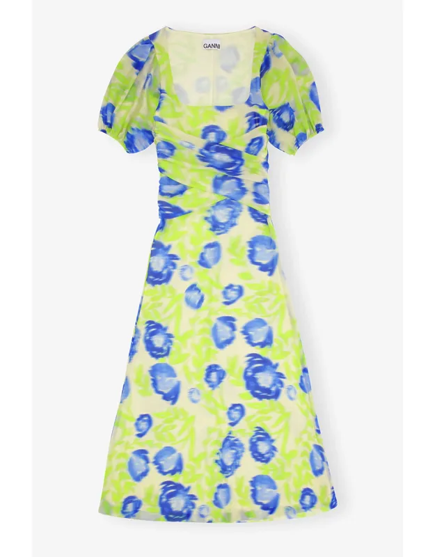 Printed Mesh Puff Sleeve Midi Dress