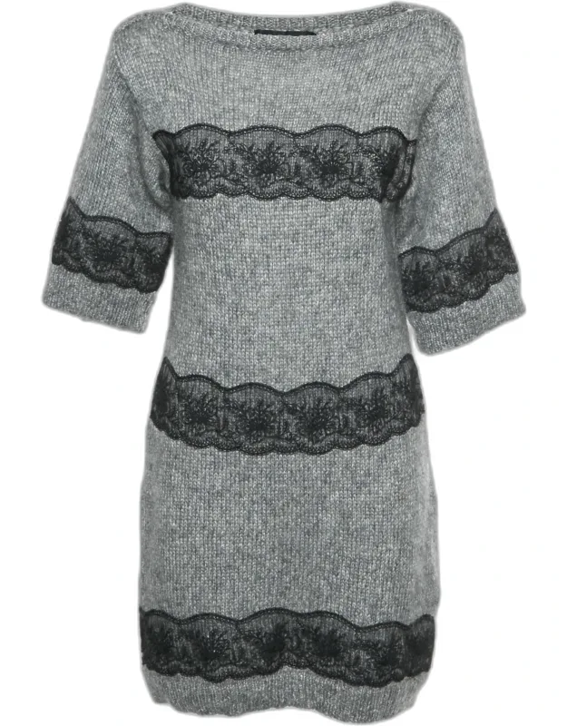 Wool Blend Rib Knit Lace Trim Mini Dress