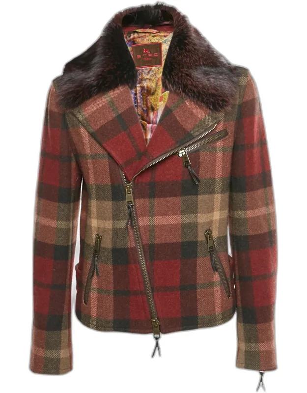 Checks Wool And Fox Fur Collar Jacket