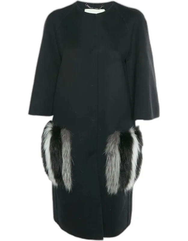 Wool Fox Fur Trim Cape Sleeve Single Breasted Coat