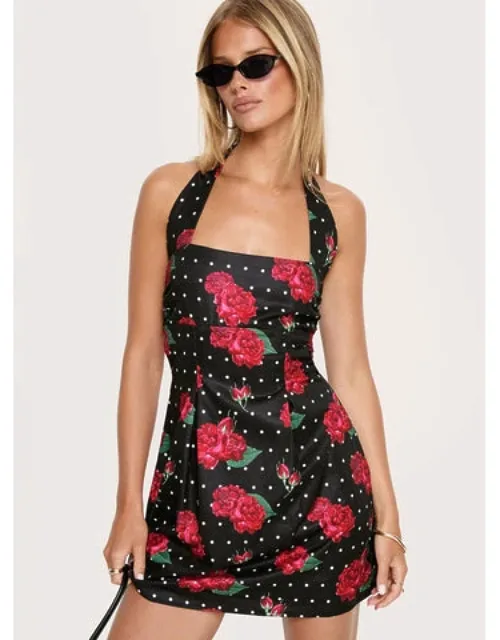 Halter Mini Dress Polka Floral With Bow Back Detail And Side Pleats