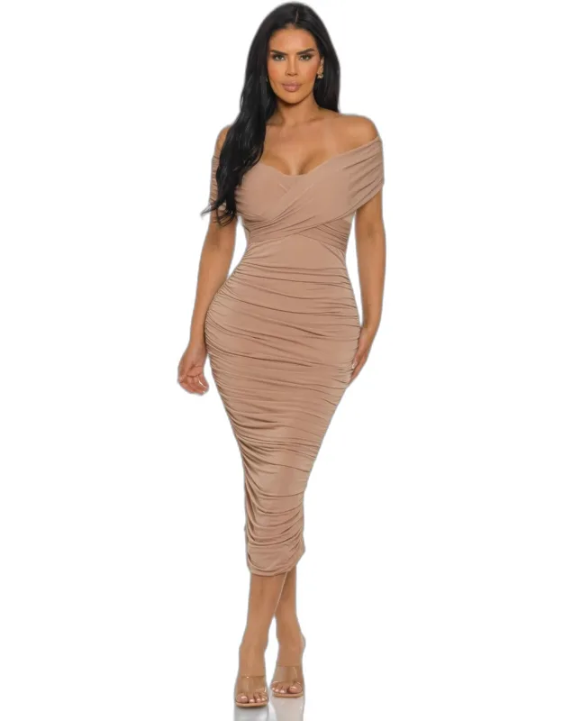 Draped Off-shoulder Bodycon Midi Dress