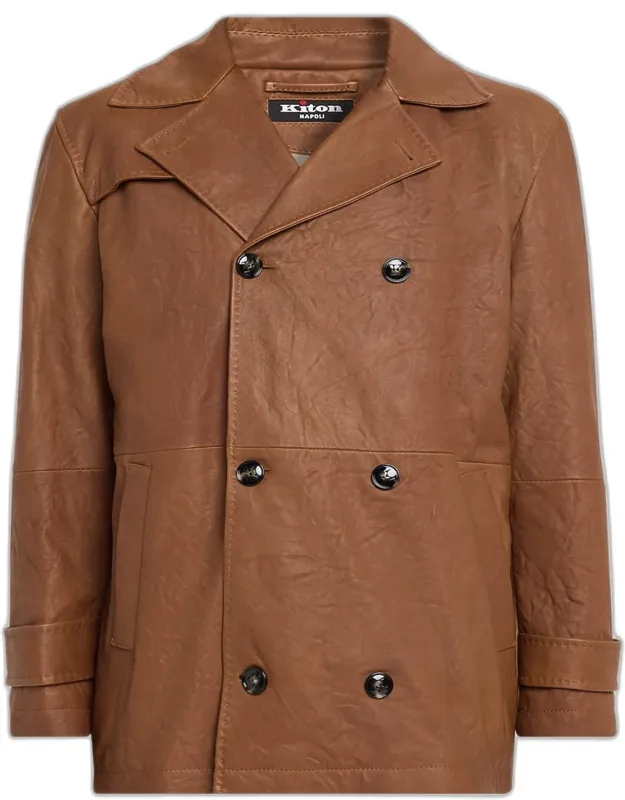 Leather Vintage-effect Short Trench Coat