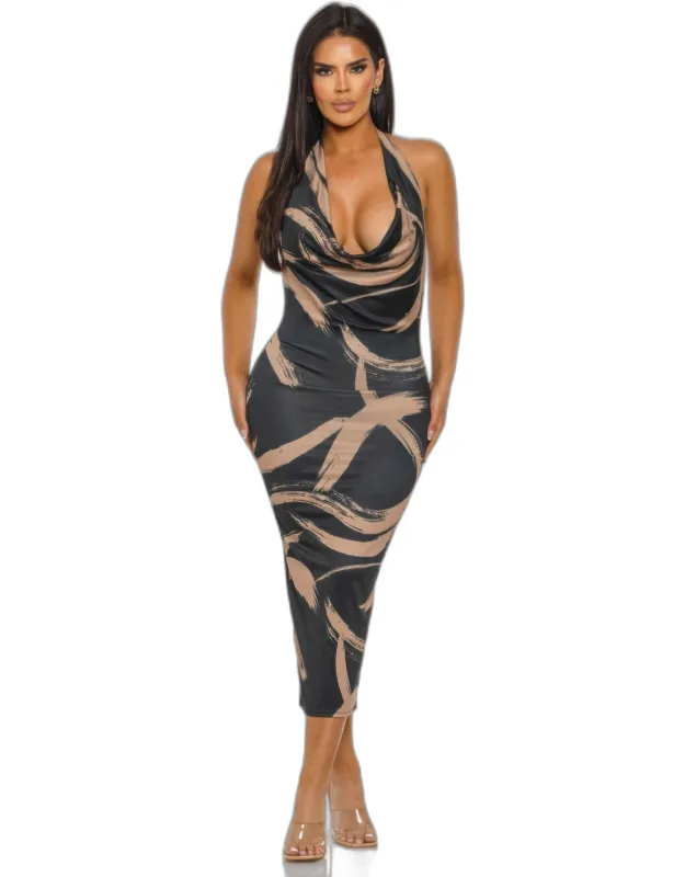 Halter Cowl Neck Midi Dress With Open Back