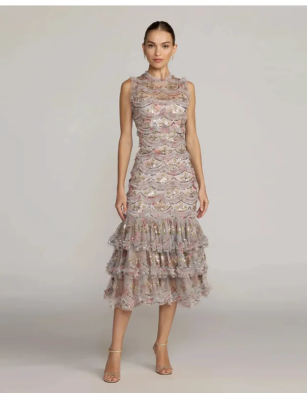Multicolor Sleeveless Sequin Tiered Ruffle Midi Dress