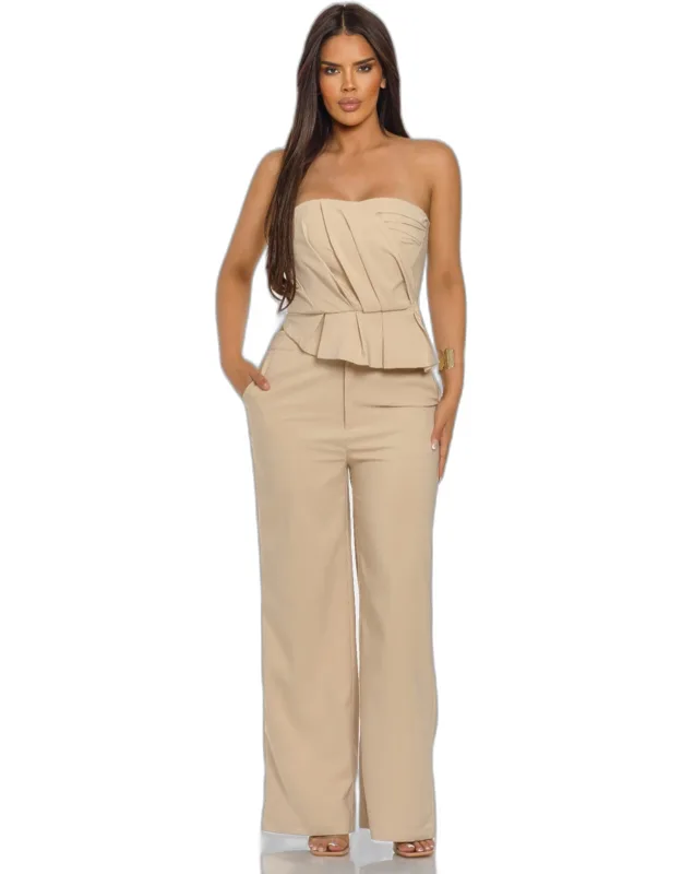 Strapless Asymmetric Pleated Top With Wide-leg Pants