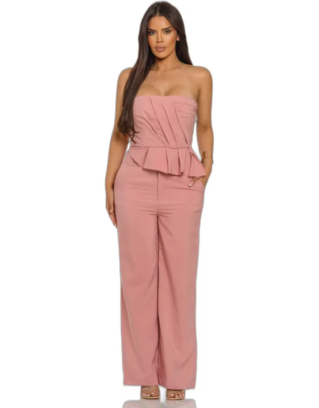 Strapless Asymmetric Pleated Top With Wide-leg Pants
