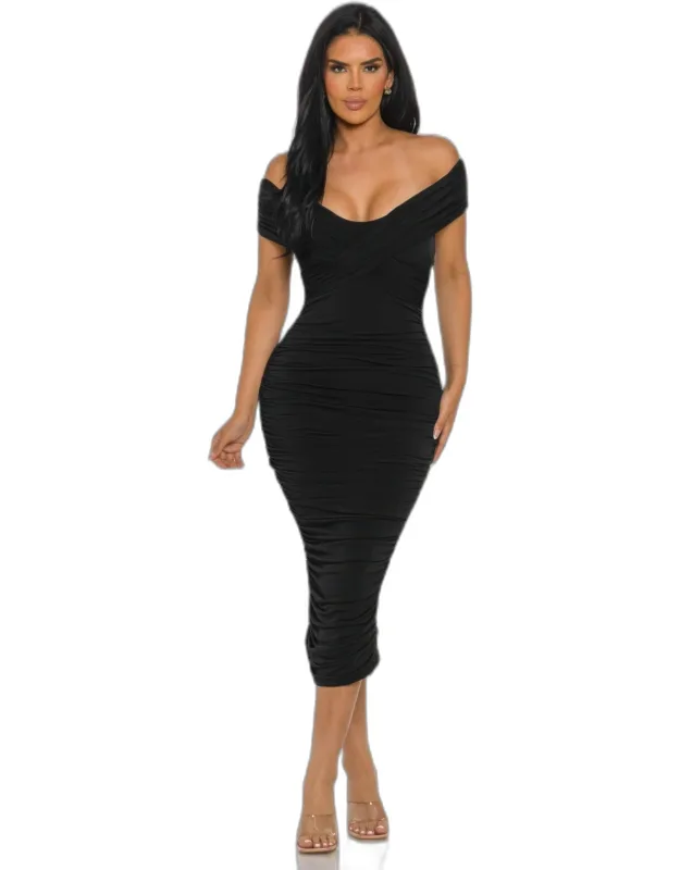Draped Off-shoulder Bodycon Midi Dress