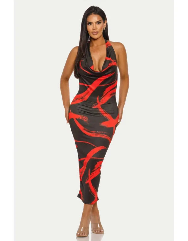 Halter Cowl Neck Midi Dress With Open Back