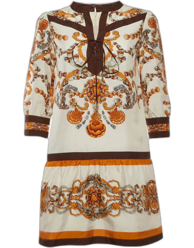 Shell Print Silk Lace-up Dress