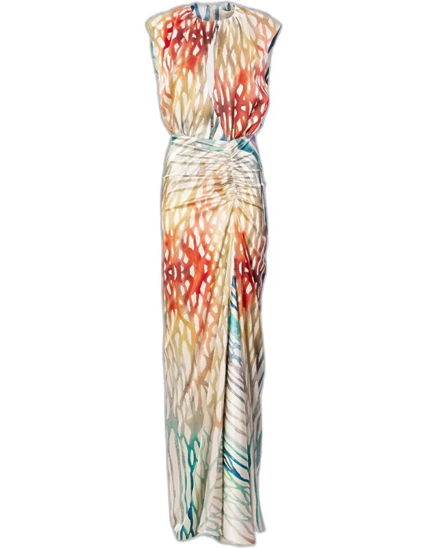 Samaira Coral Symphony Ruched Sleeveless Maxi Dress